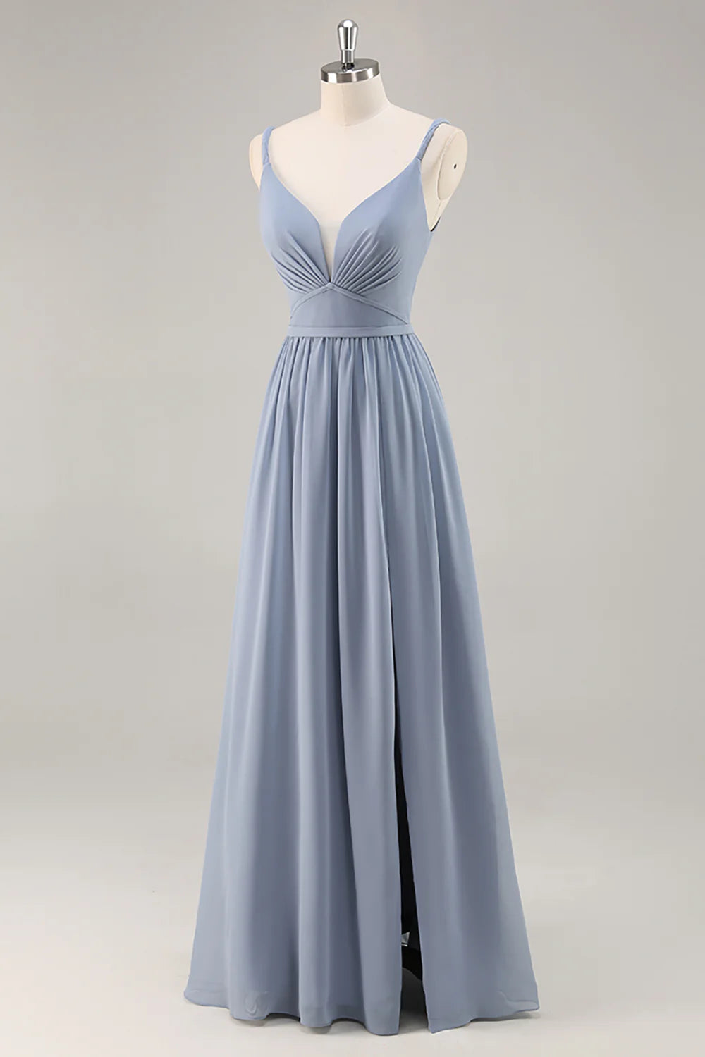 Blue A-line thin suspender backless pleated long bridesmaid dress with slit