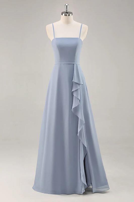 Dusty Blue A-Line Spaghetti Straps Chiffon Long Bridesmaid Dress with Ruffle Slit