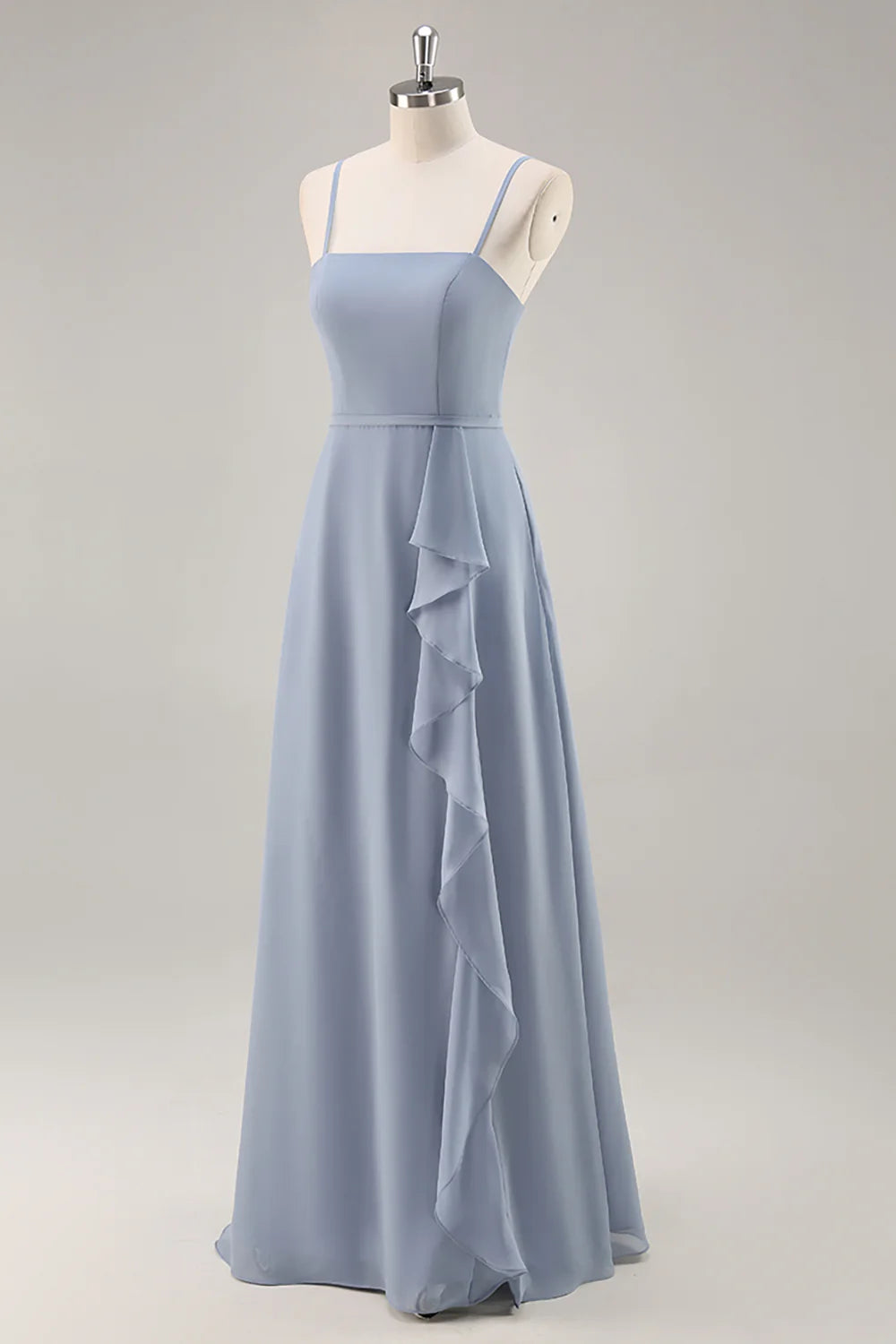 Dusty Blue A-Line Spaghetti Straps Chiffon Long Bridesmaid Dress with Ruffle Slit