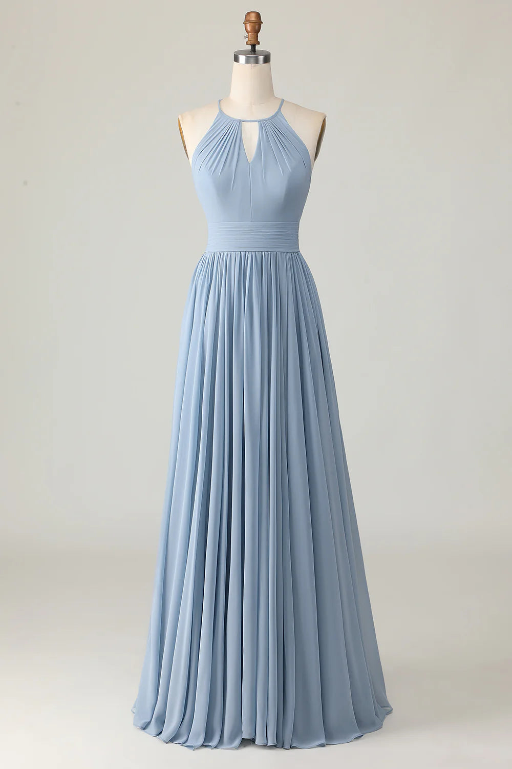 Dusty Blue Halter Ruched A Line Keyhole Chiffon Bridesmaid Dress
