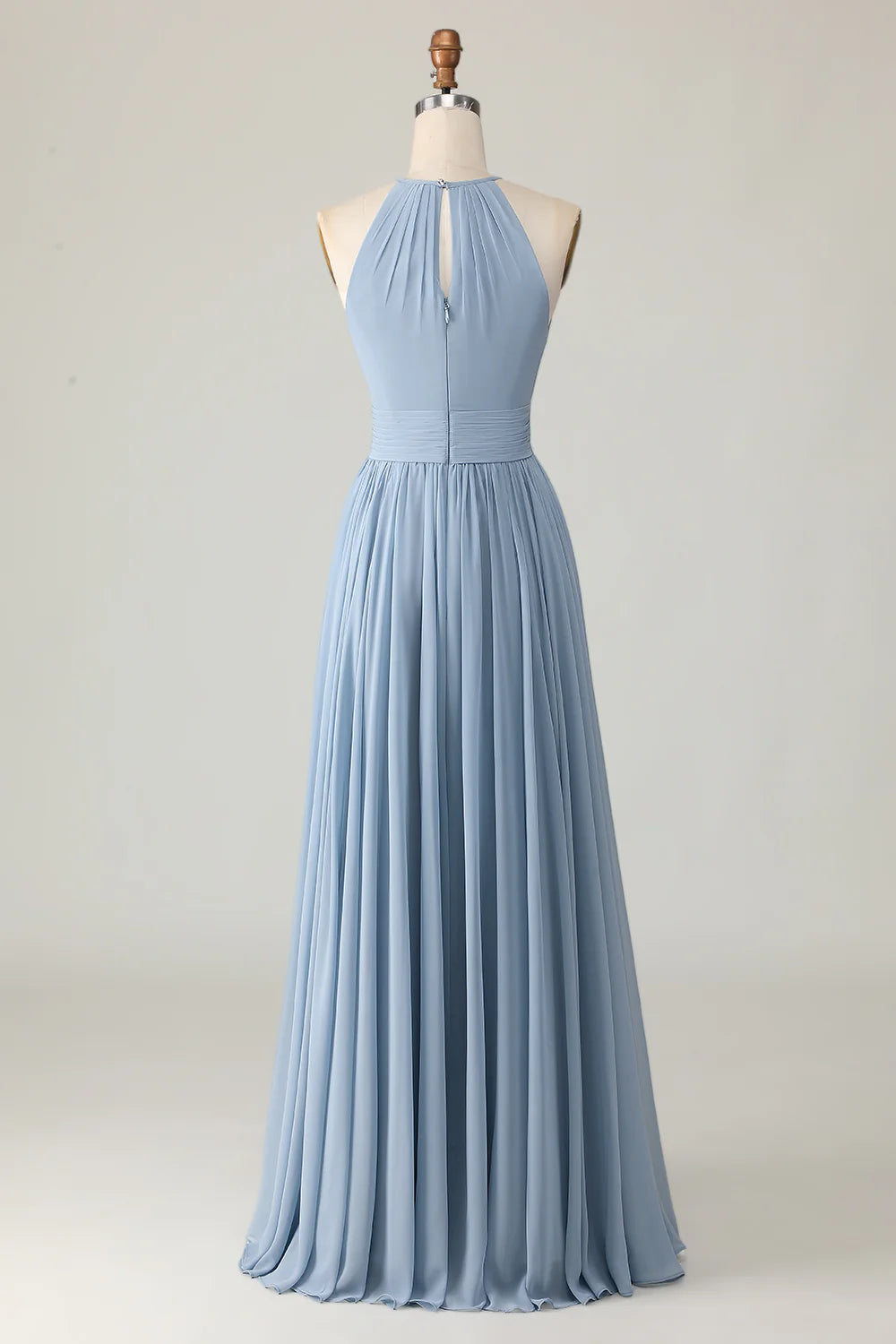 Dusty Blue Halter Ruched A Line Keyhole Chiffon Bridesmaid Dress