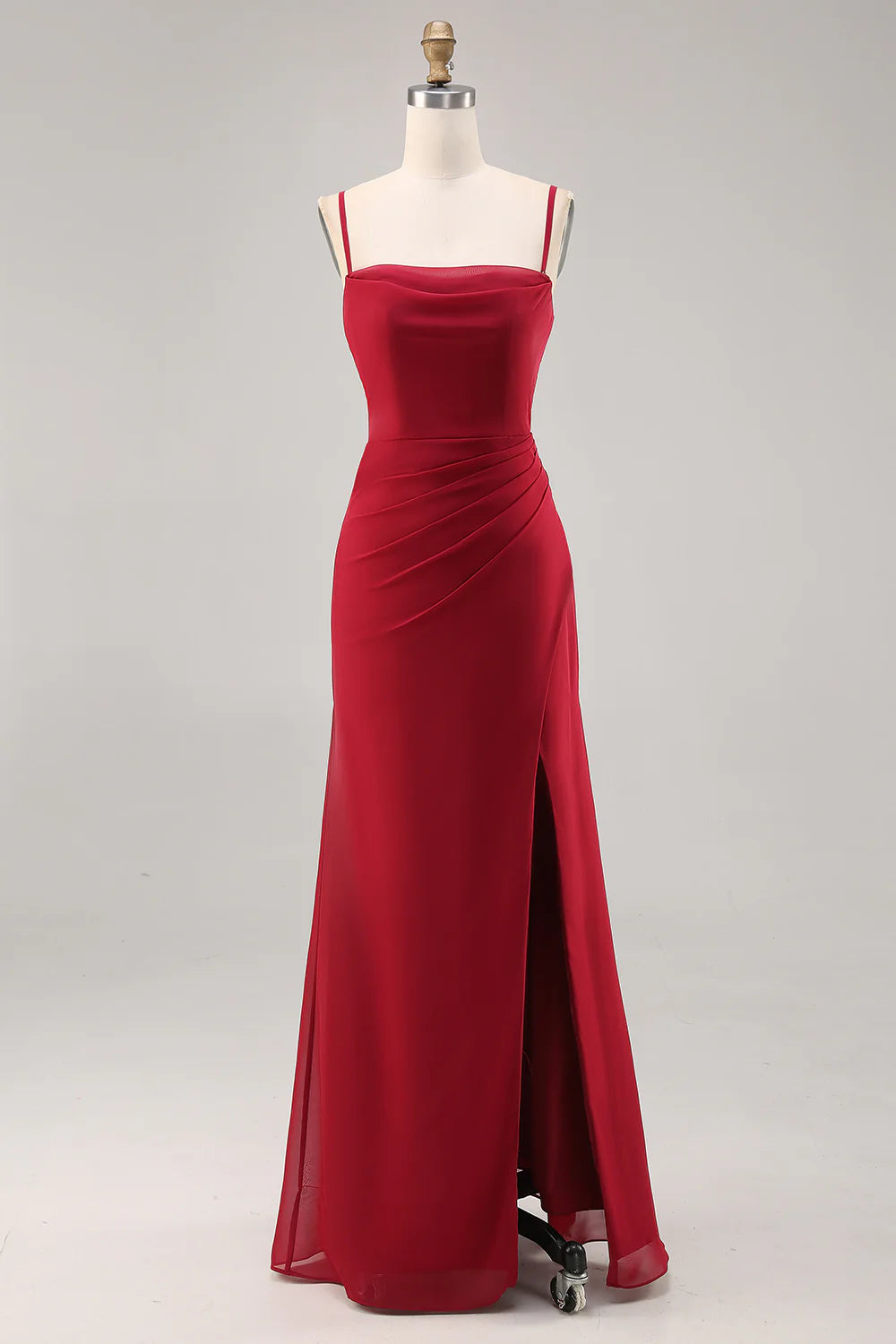 Dark Red Sheath Spaghetti Straps Ruched Bridesmaid Dress with Slit