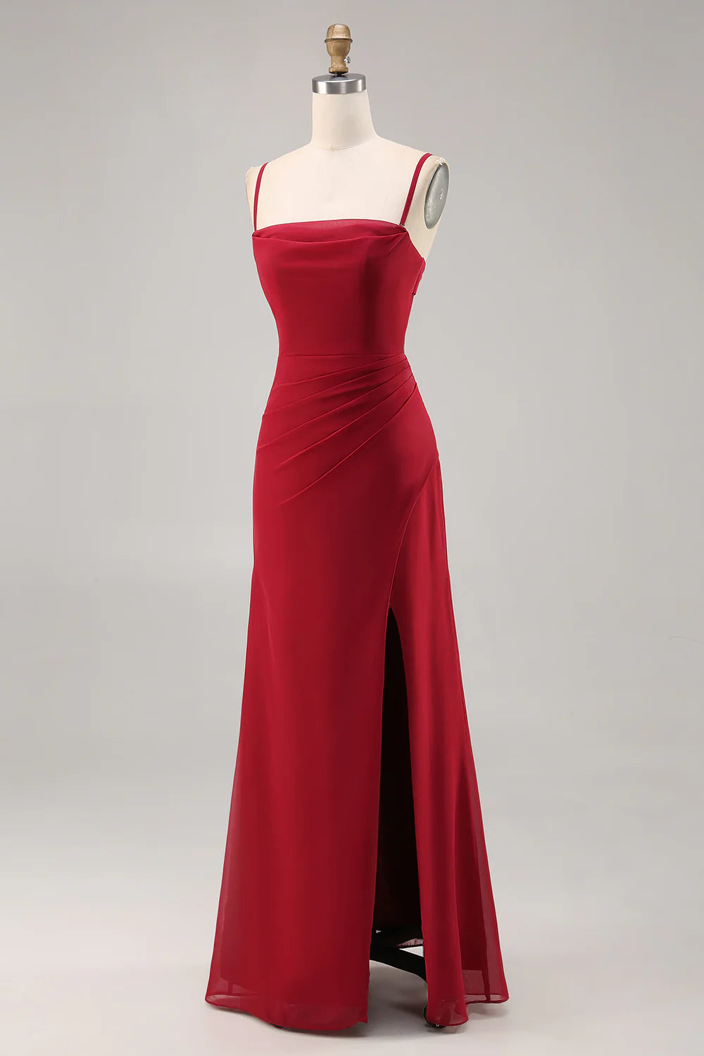 Dark Red Sheath Spaghetti Straps Ruched Bridesmaid Dress with Slit