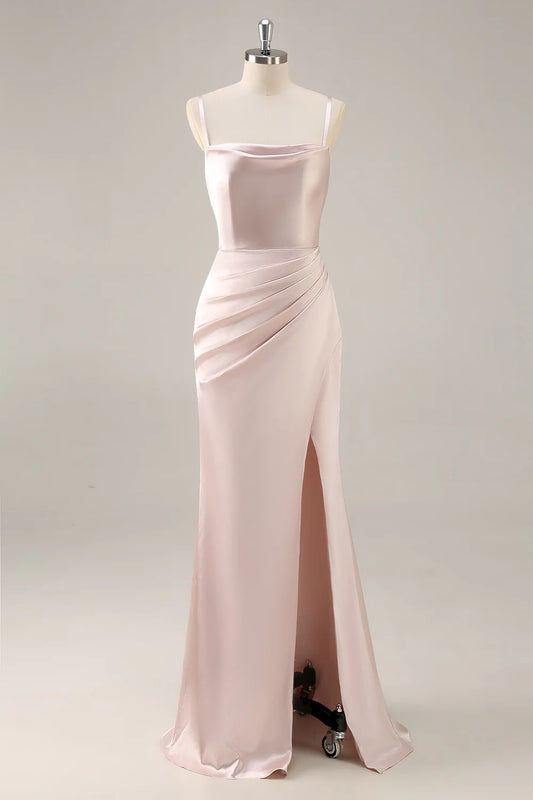 Candy Pink Sheath Ruched Satin Bridesmaid Dress with Slit