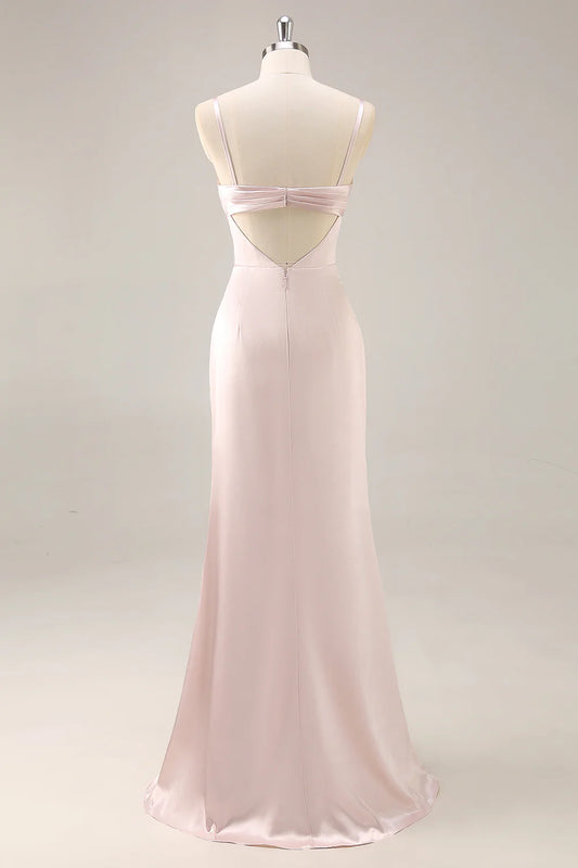Candy Pink Sheath Ruched Satin Bridesmaid Dress with Slit