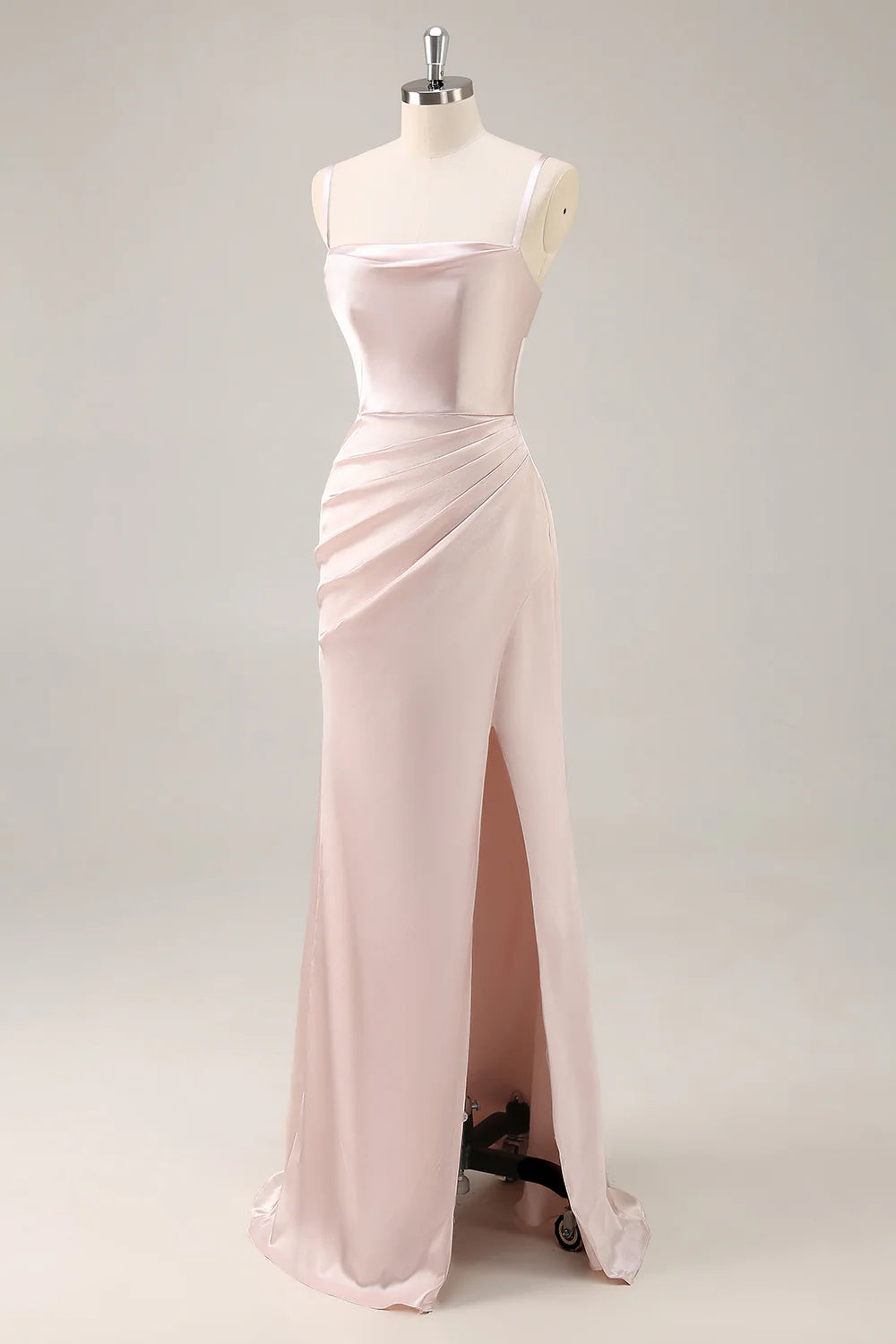 Candy Pink Sheath Ruched Satin Bridesmaid Dress with Slit