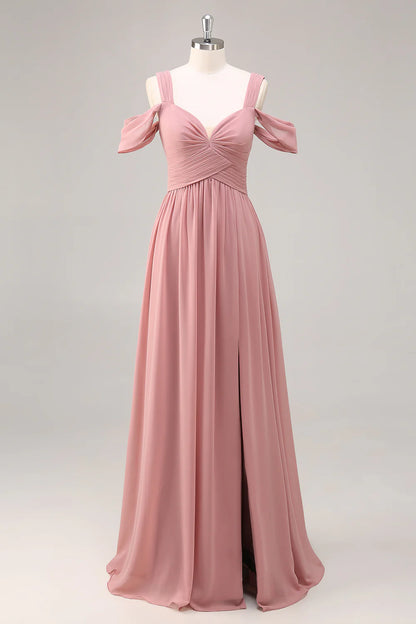 A-shaped cold shoulder chiffon long bridal dress