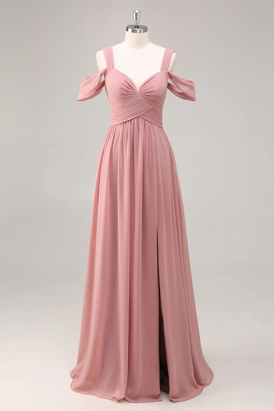 A-shaped cold shoulder chiffon long bridal dress