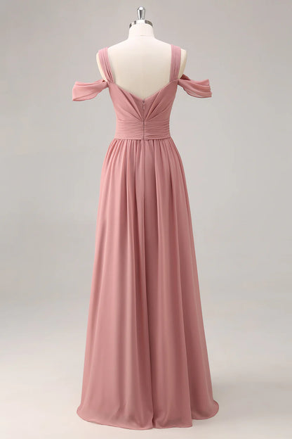 A-shaped cold shoulder chiffon long bridal dress