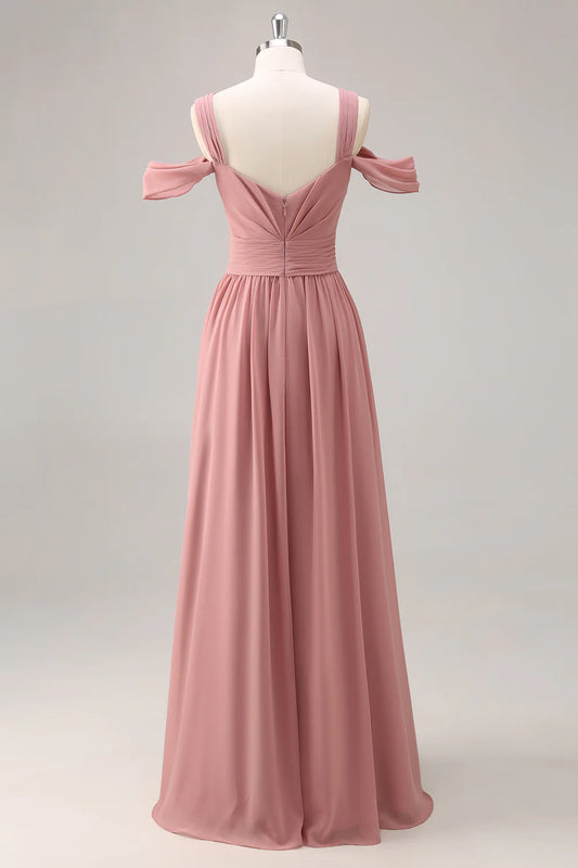 A-shaped cold shoulder chiffon long bridal dress