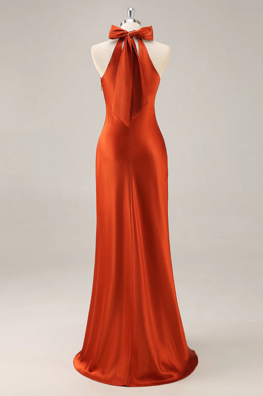 Rust Sheath Halter Satin Long Bridesmaid Dress with Lace Up Back