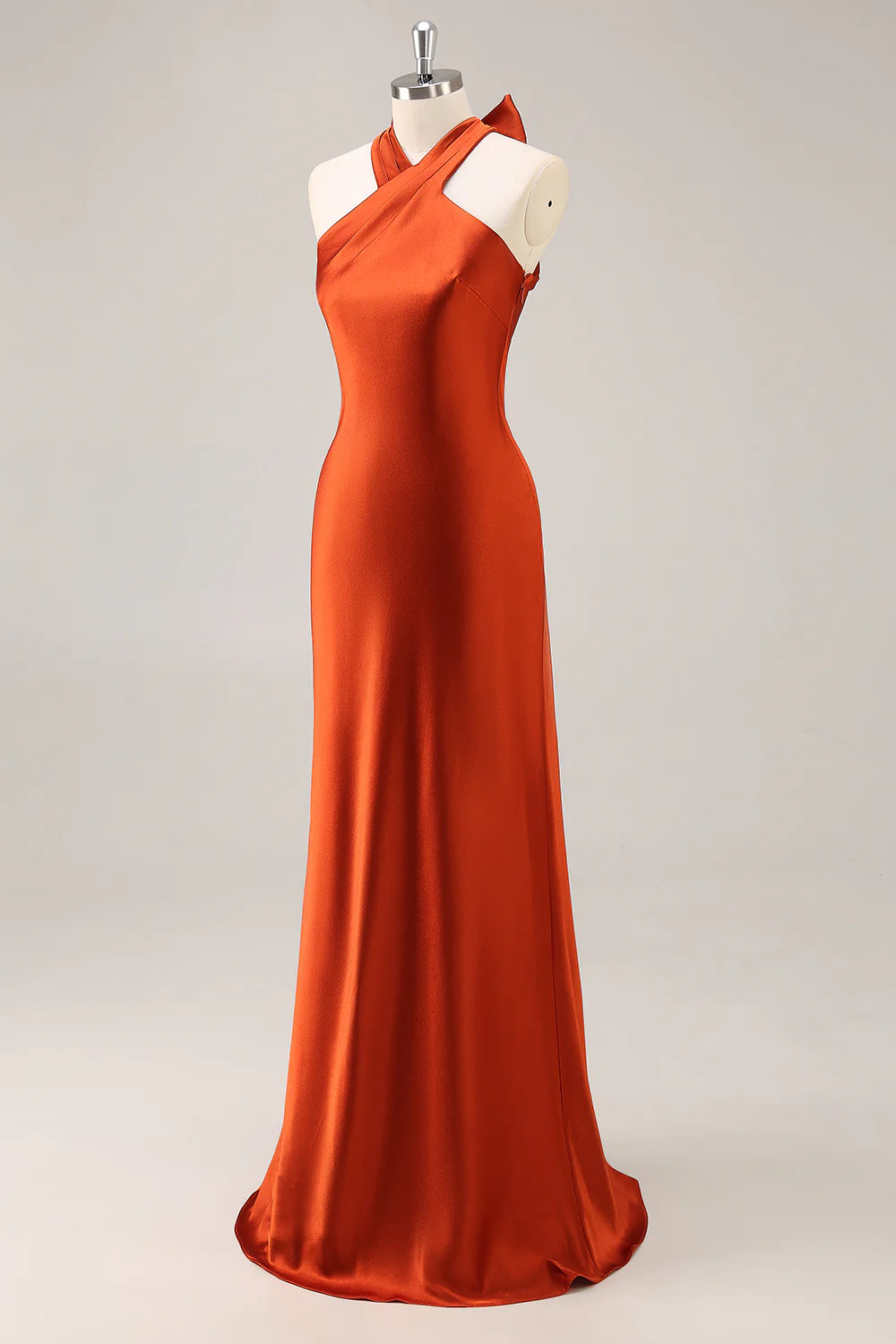 Rust Sheath Halter Satin Long Bridesmaid Dress with Lace Up Back