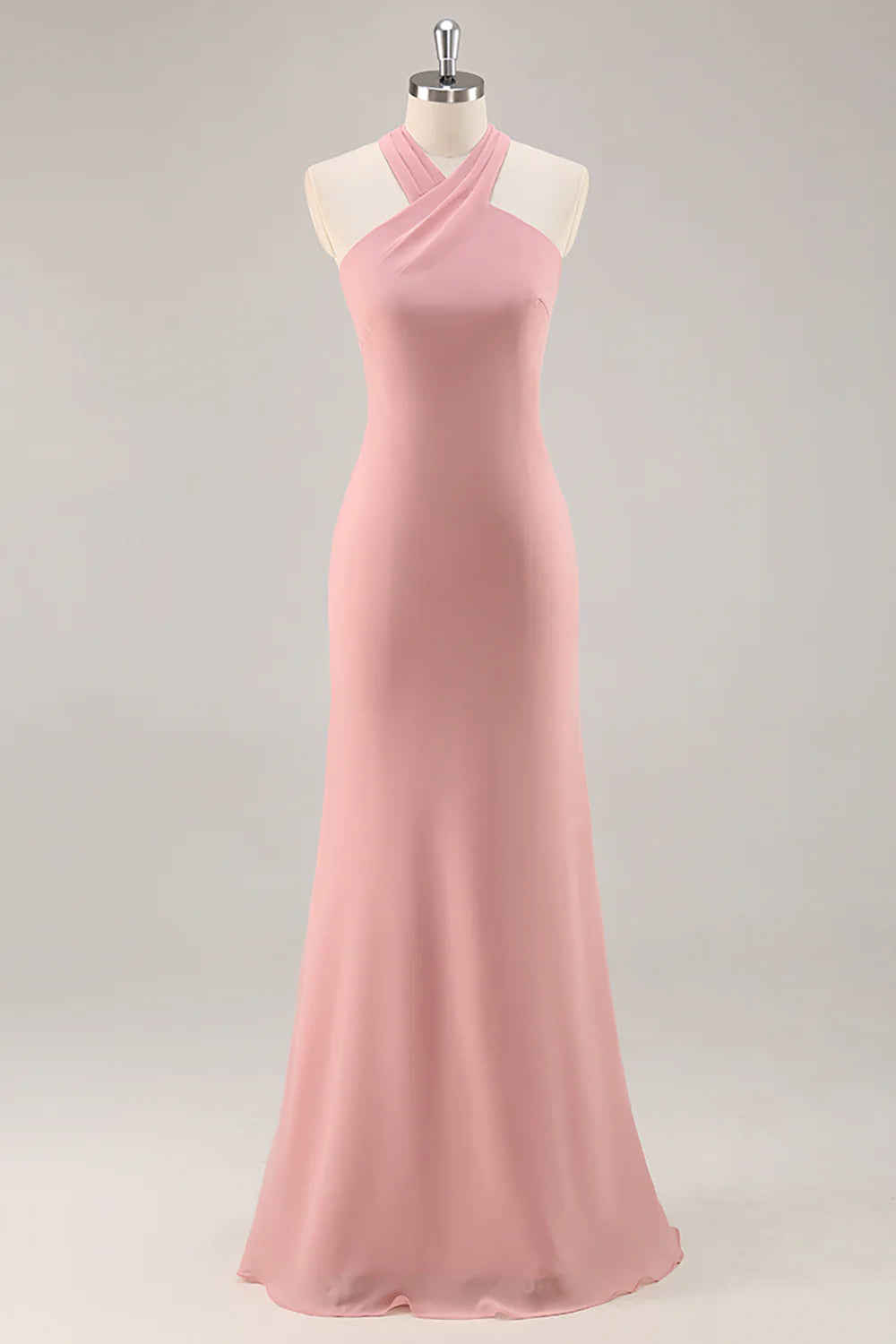 Blush Sheath Halter Chiffon Long Bridesmaid Dress