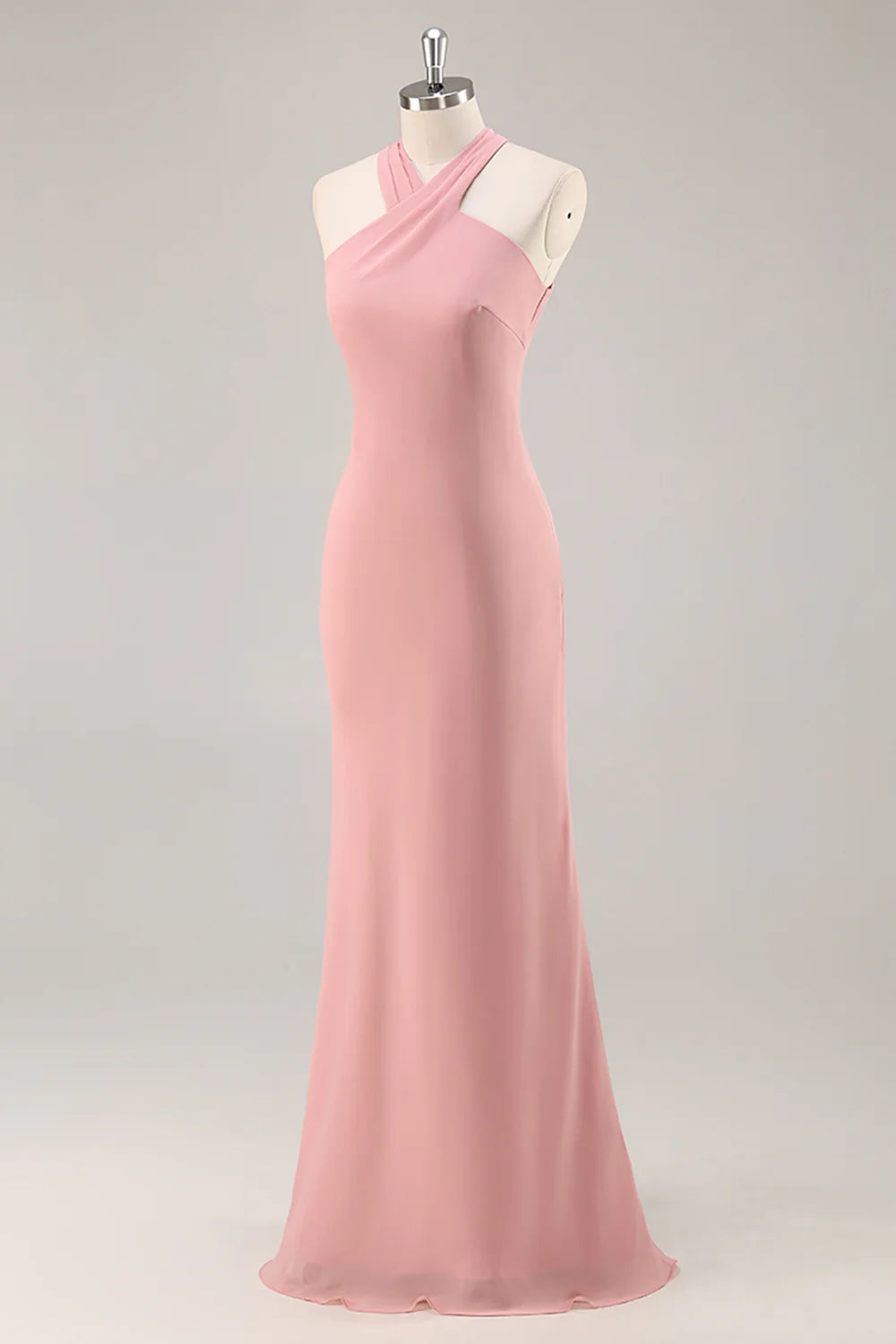 Blush Sheath Halter Chiffon Long Bridesmaid Dress