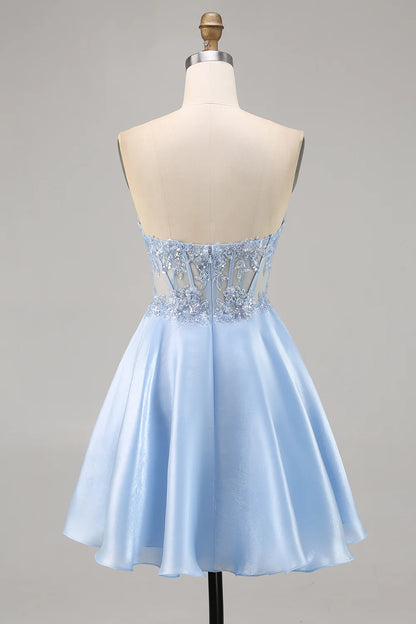 Light Blue Strapless A Line Satin Homecoming Dress with Appliques