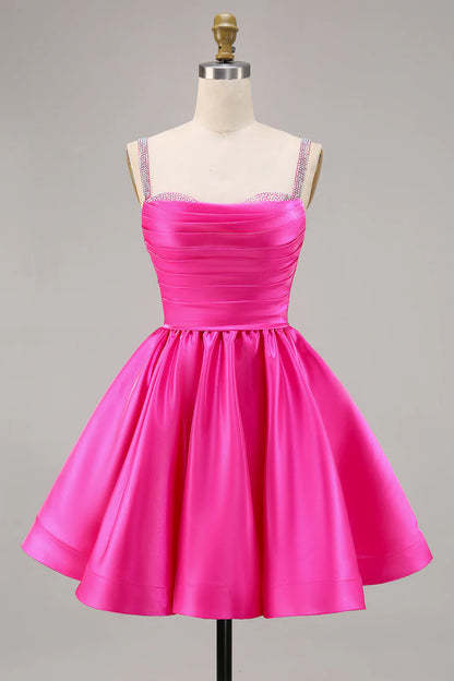 A-line slim shoulder diamond bead satin short skirt