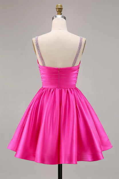 A-line slim shoulder diamond bead satin short skirt