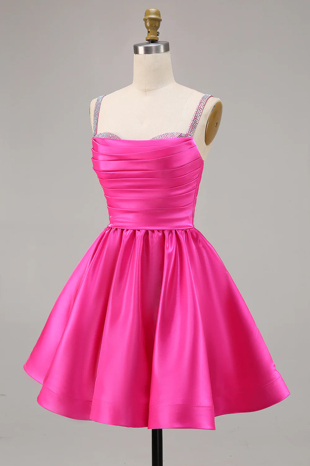 A-line slim shoulder diamond bead satin short skirt