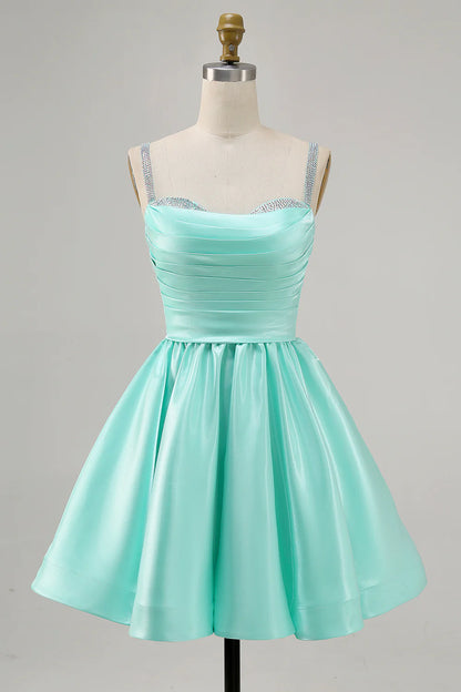 A-line slim shoulder diamond bead satin short skirt