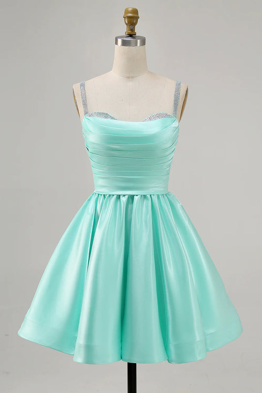 A-line slim shoulder diamond bead satin short skirt