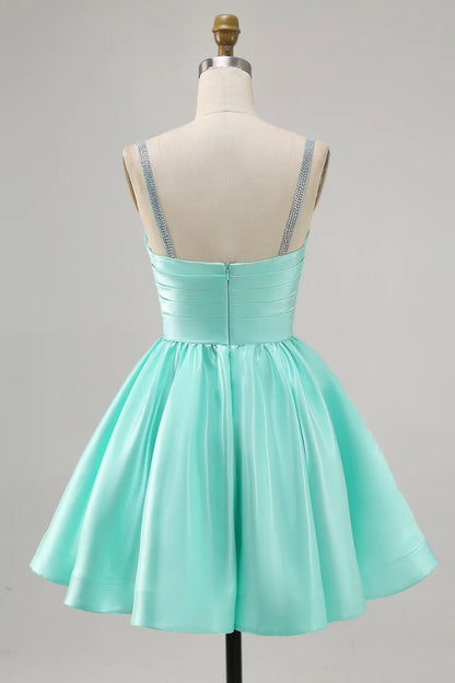 A-line slim shoulder diamond bead satin short skirt