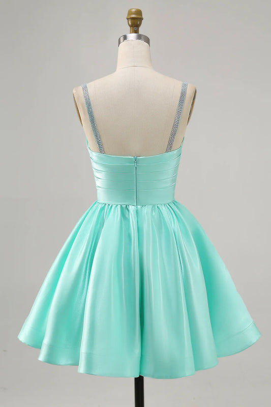 A-line slim shoulder diamond bead satin short skirt