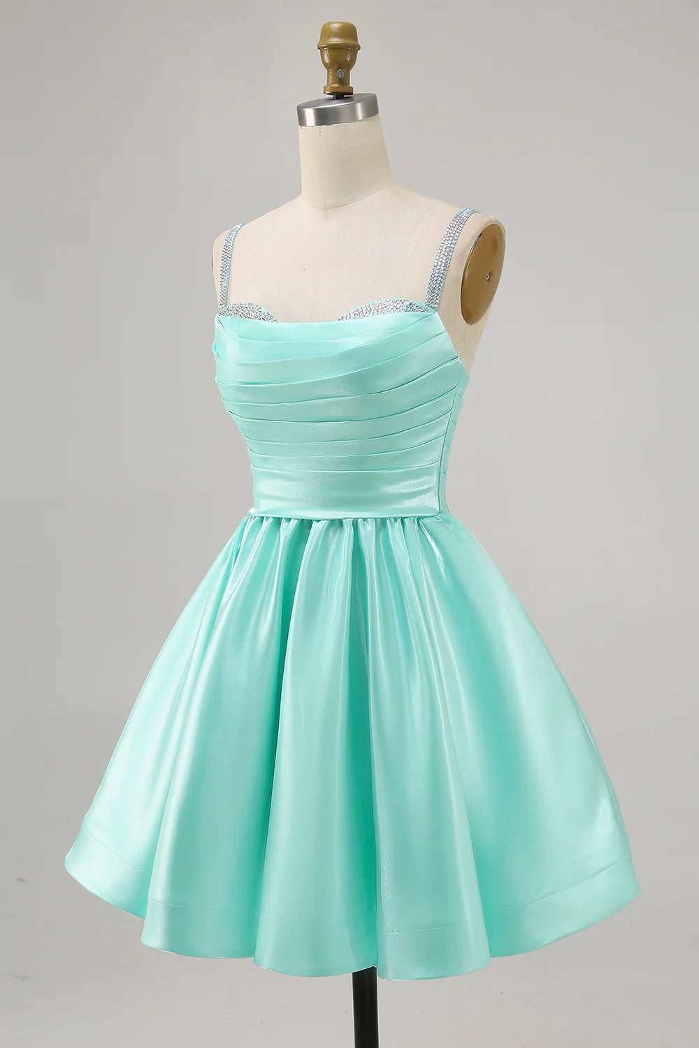 A-line slim shoulder diamond bead satin short skirt