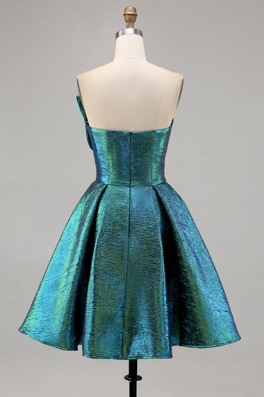 Peacock Green A-Line Strapless Ruched Corset Short Homecoming Dress with Bow