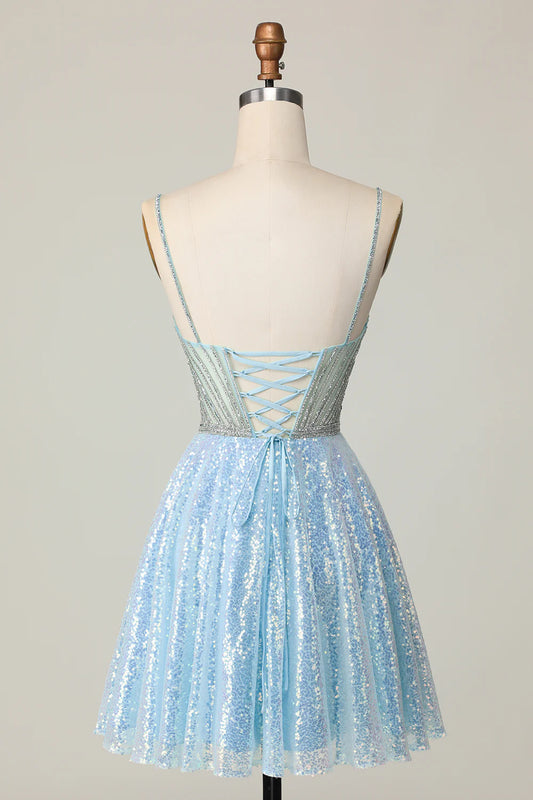 Sparkly A Line Light Blue Homecoming Dress with Sequins