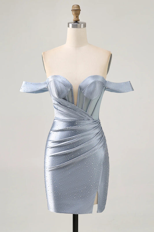 Dusty Blue Bodycon Off The Shoulder Corset Beaded Homecoming Dress with Slit