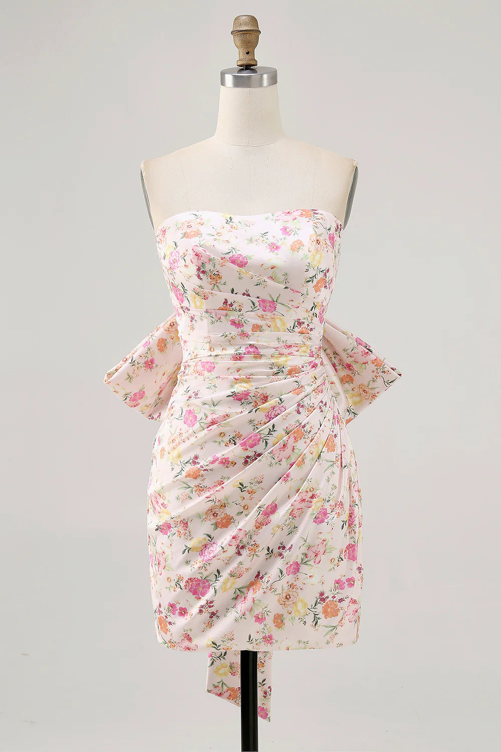 Pink Flower Bodycon Strapless Ruched Short Homecoming Dress with Bow