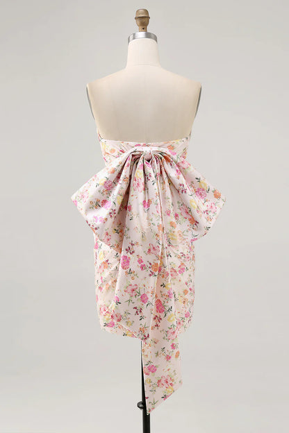 Pink Flower Bodycon Strapless Ruched Short Homecoming Dress with Bow
