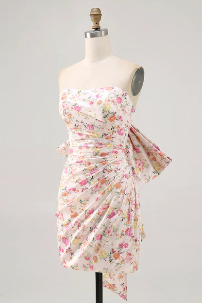 Pink Flower Bodycon Strapless Ruched Short Homecoming Dress with Bow