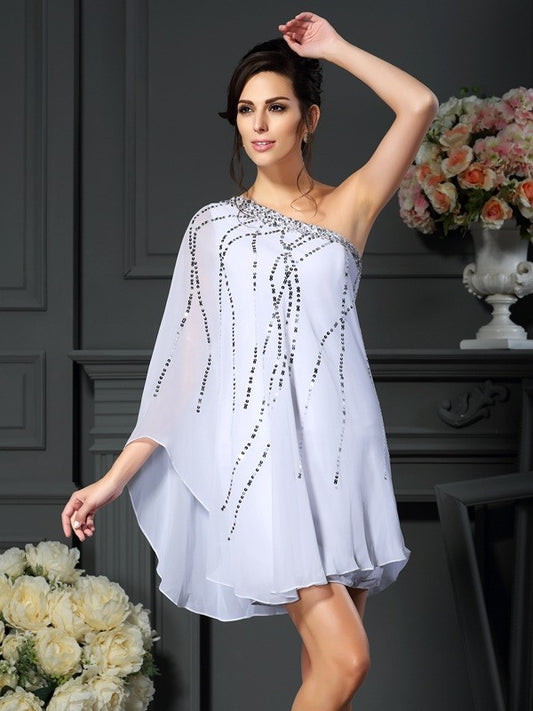 A-Line Chiffon One-Shoulder Sleeveless Short/Mini With Sequin Mother of the Bride Dresses