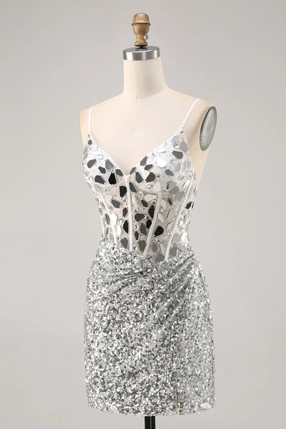 Silver Bodycon Sequins Corset Homecoming Dress with Mirrors