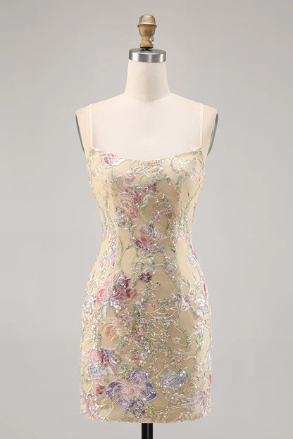Apricot thin suspender tight sequin embroidered back to school dress