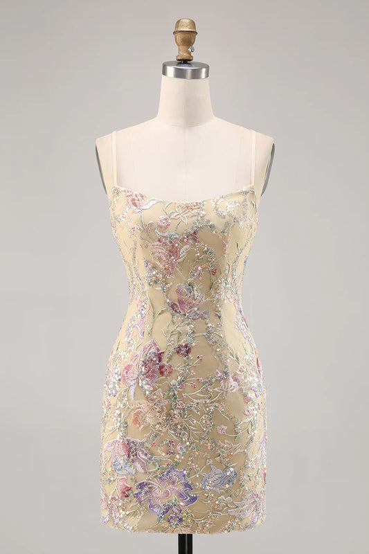 Apricot thin suspender tight sequin embroidered back to school dress