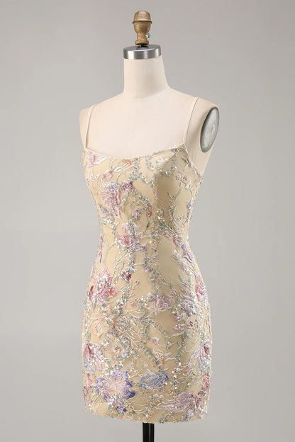 Apricot thin suspender tight sequin embroidered back to school dress