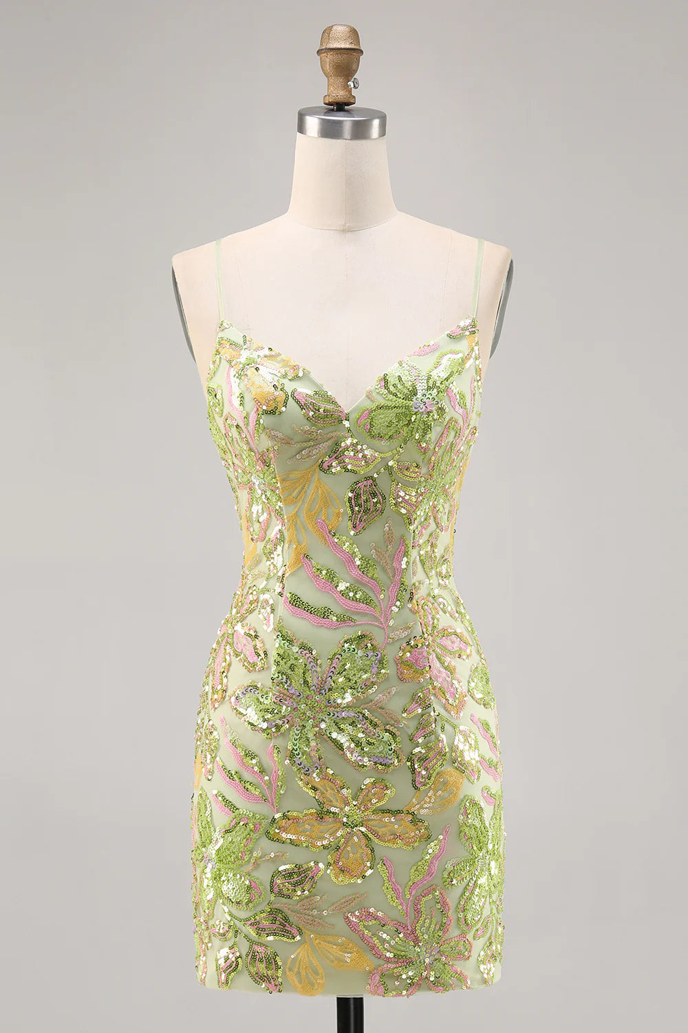 Green tight slim camisole V-neck sequined back to school dress