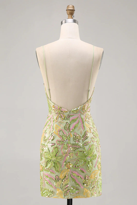 Green tight slim camisole V-neck sequined back to school dress