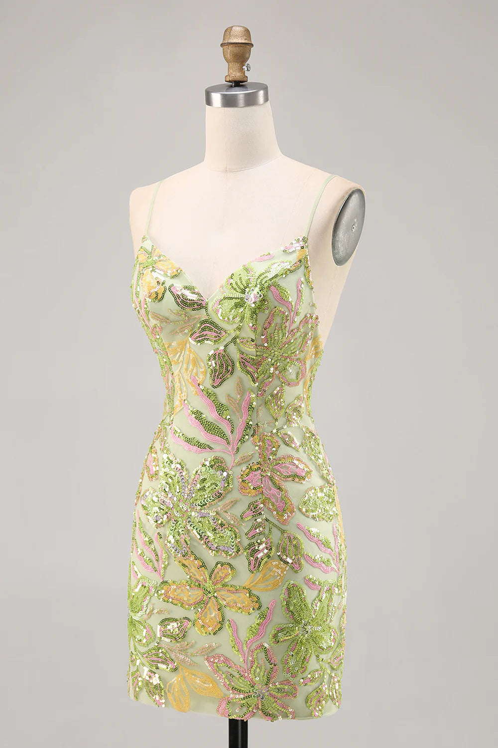 Green tight slim camisole V-neck sequined back to school dress