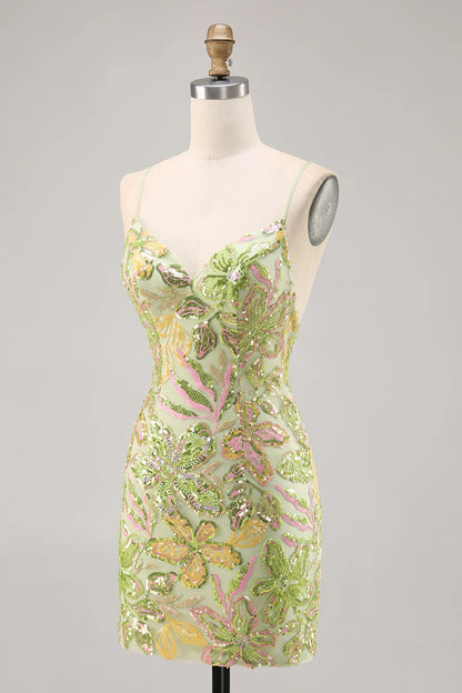 Green tight slim camisole V-neck sequined back to school dress