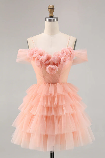 One shoulder slim camisole layered back to school dress with 3D flowers