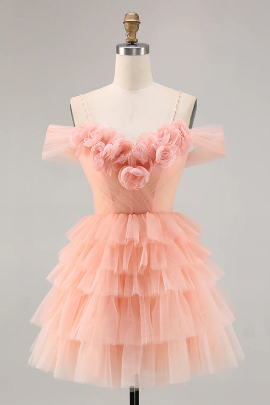 One shoulder slim camisole layered back to school dress with 3D flowers