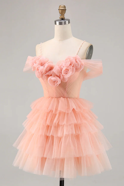 One shoulder slim camisole layered back to school dress with 3D flowers