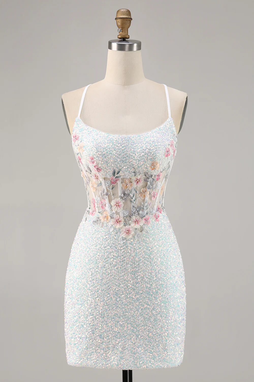 White spaghetti strap tight corset with sequins short back to school dress