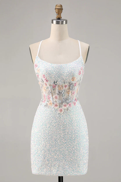 White spaghetti strap tight corset with sequins short back to school dress