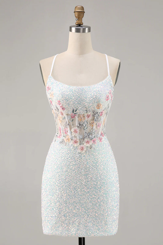 White spaghetti strap tight corset with sequins short back to school dress