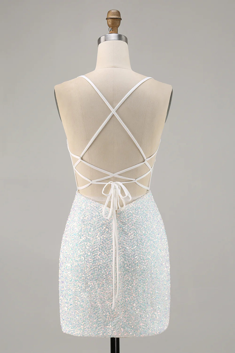 White spaghetti strap tight corset with sequins short back to school dress