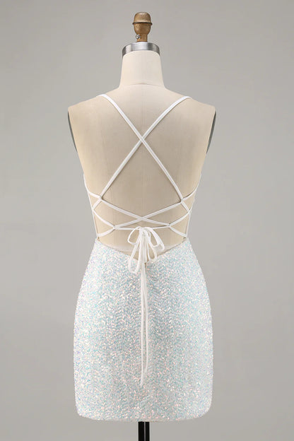 White spaghetti strap tight corset with sequins short back to school dress